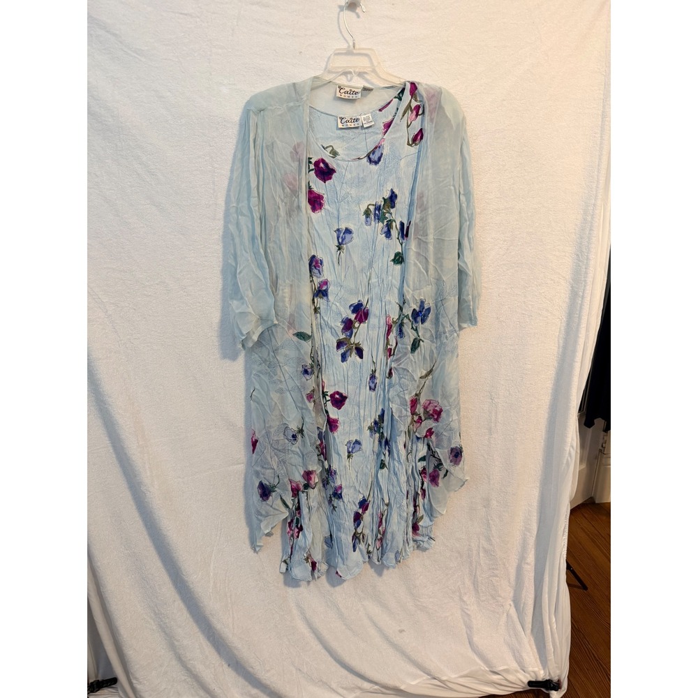 Caite Women Blue Floral Crinkle Rayon Midi Dress and Cardigan Set 3X